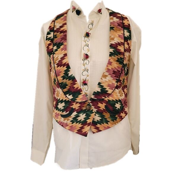 Angel & Dreams petite small cream button up southwestern vest floral gold painte - Picture 1 of 8